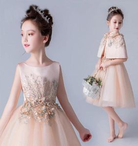 Girl039s Dresses Flower Girl for Weedings High Collar Sleeveless Kids Party Communion Gowns Appliques Scialle pavimensionali Principessa D1291042