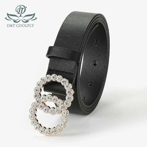 Cintos d t 2021 Novo anel duplo de feminino Diamante decorativo fivela PU Material de couro de mulher casual estilo elegante cintura