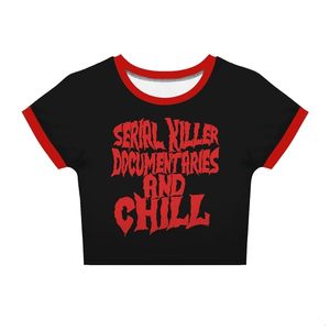 Tshirt Summer Slim terror letra serial killer 3D Impressão digital Oneck Sleeve Crop Tops 240403