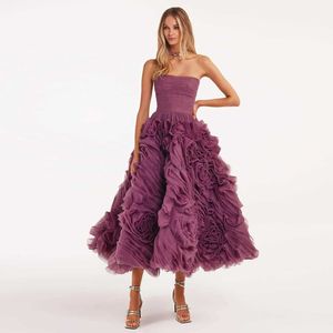 Urban Sexy Dresses Lakshmigown Pink Prom Dresses ärmlösa Tiered Ruffles Tulle A-Line Evening Gown Pleat Ruched Tea-Length Womens Formal Dress 240410