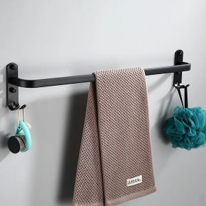Barra de toalha 30-60 cm Multi-haste Acessórios do banheiro Organizador de trilho de parede gancho cabide de armazenamento de alumínio prateleira preta fosca