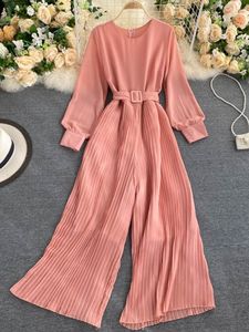 Women's Spring Autumn Jumpsuit New Solid Color Round Neck Long-sleeved Pleated Wide-leg Pants Lace Up Thin Jumpsuit LL061