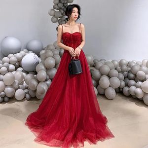 Partykleider Wein langer Schweiß Spaghetti Lady Girl Frauen Prinzessin Brautjungfer Bankett Ball Kleidkleid Kleid Kleid