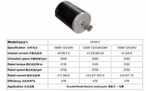 MY6812 150W 120W 100W DC 12V/24V高速モーター、スクータースモールブラシモーター、電気スクーター用のベルトプーリー付きブラシモーター