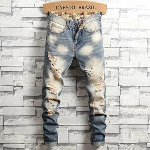 Mäns jeans nödställda rippade retro blå mode smala motorcykelbyxor manliga hiphop gata hål denim byxor