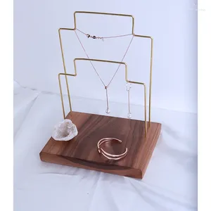 Jewelry Pouches Black Walnut Wood Metal Stick Double Necklace Pendant Display Holder Stand Chain Rack