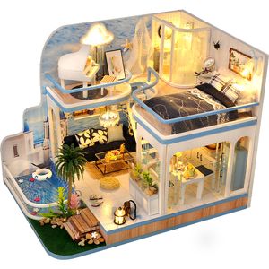 DIY Wooden Dollhouse Miniaturowe meble z zestawem muzycznym Blue Loft Doll House Zabawy Zabawki Dzieci na prezent urodzinowy Casa