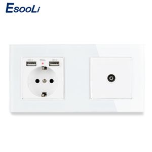 Esooli Black Crystal Glass Panel EU Standard Electric Socket with 2 USB + Female TV Connector 172*86mm Enchufe Pared USB