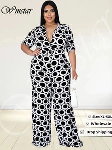 Wmstar Plus Size Women Jumpsuit Summer Clothes Printed V Neck with Belt Urban Leisure Bodysuit Wholesale Drop 240410