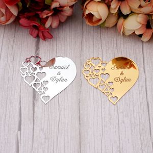 30 Pieces/Lots Personalized Acrylic Mirror Heart Hollow Out Design Love Stickers Custom Couple Name Wedding Favors Tags Cards