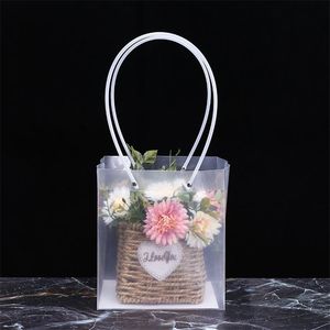 PP Transparent Square Plastic Bag Fresh Flower Bunch Plant Flower Bag Wedding Product Gift Bag Cake Bag with Long Handle 5pcs