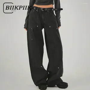 Women's Jeans BIIKPIIK Casual Rivets Black Street Style Low Waist Straight Women Pants Concise Trousers Autumn All-match Bottom Clothing