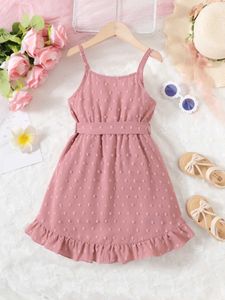 Flickans klänningar Nya 2024 Child Girl Summer Bodysuit Sling Solid Color Jumpsuit med Belt Fashion Holiday Party Clothing for Kid Girl 4-7 år