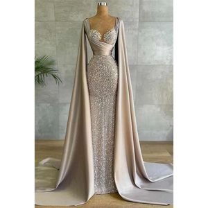 Fashion Sweetheart Sequined Prom With Cape Sleeves Elegant Beading Floor Length Sweep Train Party Gowns Evening Dress 2023