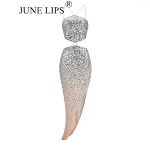 Lässige Kleider June Lippen 2024 Herbststil Slim Fit Wrap Hip Dress Split Long Elegant Celebrity Club Party Bubble Bar Großhandel Großhandel