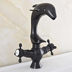 Rubinetti del lavandino da bagno olio nero strofinata bronzo girevole beccuccio doppio croce manici in stile delfino mixer rubinetto da cucina tsf843