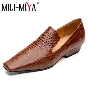 Dress Shoes MILI-MIYA Fashion Stone Pattern Women Cow Leather Square Toe Pumps Slip On Low Thick Heels Solid Color Casual Street