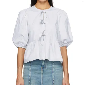 Kvinnors blusar Summer Stripe Print Short Puff Sleeve Tie Front Loose Tops Shirts Streetwear