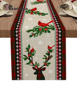 Christmas Elk Robin Fir Tree Table Runner for Dining Table Wedding Table Decor Christmas Festival Decor Tablecloth
