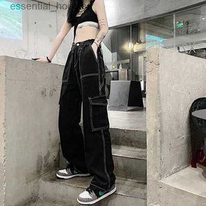 Women's Jeans Retro wide leg cargo jeans womens high waisted pants womens street clothing black solid loose denim Trousers Fe jeans C240411