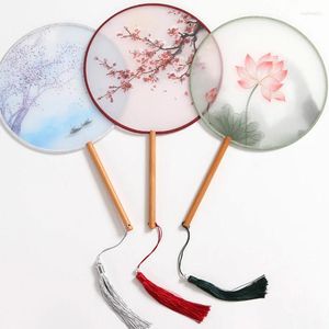 Dekorativa figurer Vintage Chinese Round Hand Fan Two-Side Printing Silk Ancient Tassel Dance Cheongsam Tang Suit Party Accessories