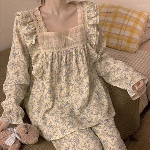 Hemkläder 2024 Spring Lace Women Pyjama Set Sleepwear Pants 2 Pieces Piiama Korean Floral Full Sleeve Night Wears Suit