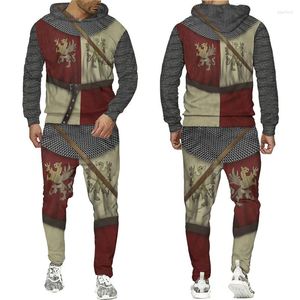 TRABALHO DE MENINOS 2024 HERALDIC Lion Tattoo Templar Knight Armour Duas peças Conjunto 3D Moda de calça de moletom de moda