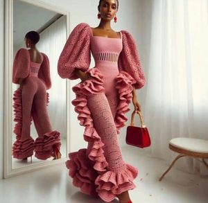 Modern Ruffles Dantel Jumspuits Balo Elbiseleri Latern Uzun Kollu Özel Günlük Giyim Kadınlar için 2024 Kare Boyun Seksi Akşam Elbise