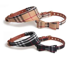 Bow Tie Dog Collar and Leash Set Classic Plaid Charm justerbar mjuk läderhundar Bandana och krage för valpkatter 3 st B325333906