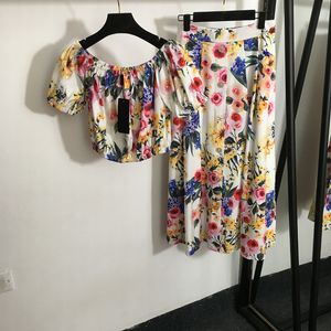 Retro Flora Print Dresses Slash Neck Tops Dress Summer Beach Skirts Suits Trendy Lovely Girls Camis Dress Set