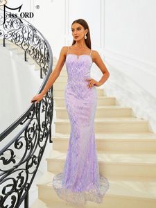 Lässige Kleider Makler Light Purple Pailletten Abendkleid elegante Frauen Spaghetti Gurt Square Collar Bodycon Maxi Party Langes Abschlussballkleid