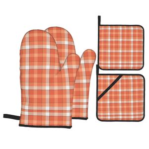 Oven Mitts and Pot Holders Set - Red Color Scottish Kitchen Mittens with Potholders Surface for Baking Cooking BBQ