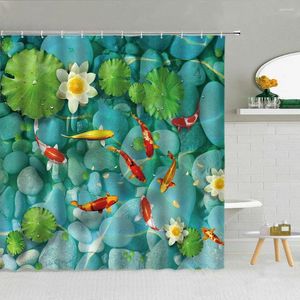 Shower Curtains Pond Landscape Curtain Lotus Carp Stone Fabric High Quality Bathroom Supplies With Hooks Decor Cloth Washable