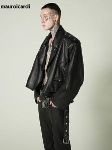 Mauroicardi Spring Autumn Cool Short Oversized Black Pu Leather Biker Jacket Men Long Sleeve Luxury Designer Unisex Clothes 2023