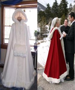 Yüksek kaliteli gelin pelerinleri ile kaput düğün pelerinler ile sahte kürk süslemeli kırmızı beyaz kış uzun sarar ceket ceket ucuz4965459