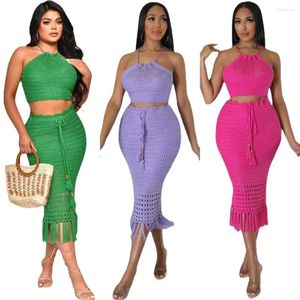 Arbetsklänningar 2024 Summer Casual Women's Dress kjol Set Tassel Hanging Neck Wrapped Chest Open Back Fishnet Sticked Two-Piece