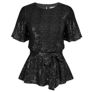 GK Women Sequined Party Tops Short Bell Sleeve Shiny V Neck Wrape Ruffle Hem Blouse Elastic Midje Crop Peplum Tops Clubwear A30