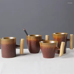 Cups Saucers Japanese-style Vintage Ceramic Coffee Mug Tumbler Rust Glaze Tea Milk Cup With Wooden Handle Bubble Reusable