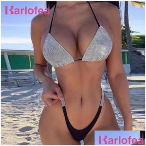 Swim Wear Karlofea Luxo Bling Bling Rhinestone Bikini Crystal Diamond Y Women Swimsuit Halte Ggitys canais Burburriness Luis Louies Vitt Otjve