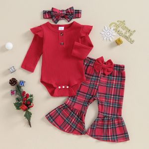 Hosen 3pcs Weihnachtsmädchen -Kleidungsstück Rippchen Rüschen Langarm Strampler + Plaid Muster Flare Hosen + Stirnband Kinder Kleinkind Outfits