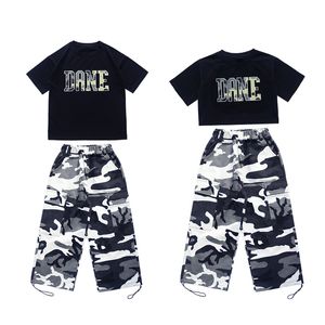 2023 Hip Hop Dance Cothing for Kids Black Tops Camuflage Spodnie Streetwear Dziewczyny Modern Jazz Dance Costume DQS13030