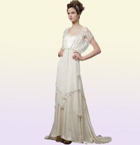 Vintage Ivory 1920s Wedding Dresses with Sleeves Catherine Deane Lita Modest Fairy Lace Chiffon Vneck Full Length 2019 Bridal Gow8157108