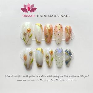 Handmade Matte Fake Acrylic Nails With Design Reusable Almond Full Cover Flower Manicuree Wearable XS S M L Size Art 240328