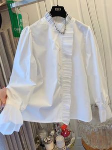 Kvinnors blusar för kvinnor mode 2024 vit skjorta fransk rufsad lös stående krage långärmad blusa feminina topp kemis femme