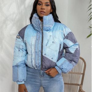 Women Winter Denim 3D Print Zipper Puff Crop Jacket Parkas Warm Thick Down Turtleneck Zipper Bread Jacket Coats Clothes 240326
