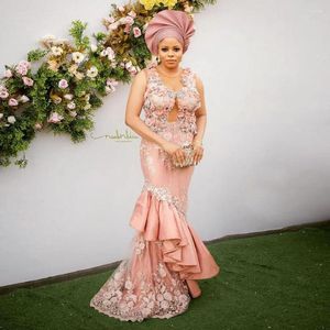 Festklänningar Eleganta 3D -blommor Lace Prom Aso Ebi Style Pink Floral African Women Formal Evening Gown Plus Size Size Nigerian Dress