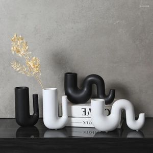 Vase Creative Simple Vase Black and White Ceramic Flower Arfrionm Nordic Decoration Geometric Abstract Art Pot Room装飾