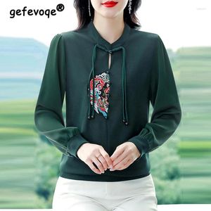 Bloups feminina Mulheres estilo chinês Bordado vintage Blusa oca elegante stand colar chiffon retchwork camisa de manga longa tops soltos