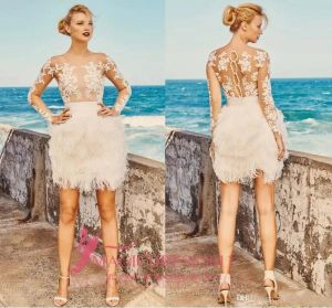 Elbeth Gillis 2024 Cocktail Dresses Illusion Bodice Long Sleeve Lace Vintage Beach Boho Fur Short Mini Special Occasion Dress