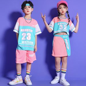 Barn cheerleader kläder tonåren som visar hiphopkläder rosa t shirt shorts kjol för flickor pojkar jazzdräkt kläder